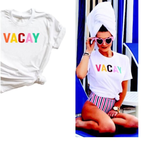 NWOT Multi-Color VACAY Womens White Crew Neck Short Sleeve 100% Cotton T… - Picture 1 of 16